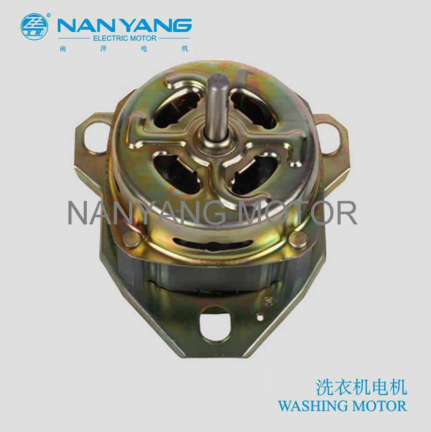 Nanyang washing machine motor with pointed mounting bracket and central shaft, front view